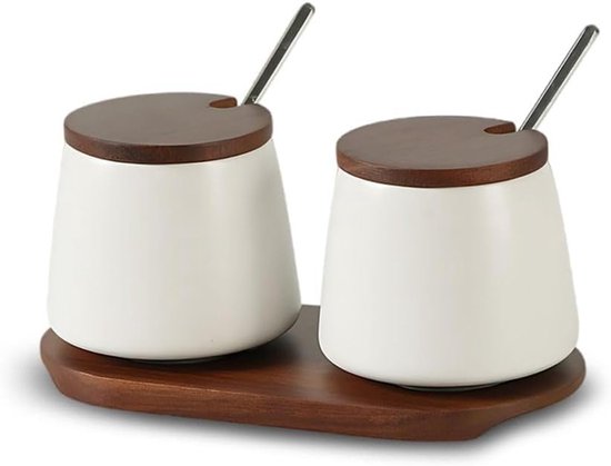 2 Teiliges Gewürzset Aus Keramik, 1 Zuckerdose Aus Porzellan, 1 Gewürzdose Mit Bambusdeckel, 1 Löffel Und Schale, 1 Salzstreuer, 1 Vorratsglas (2