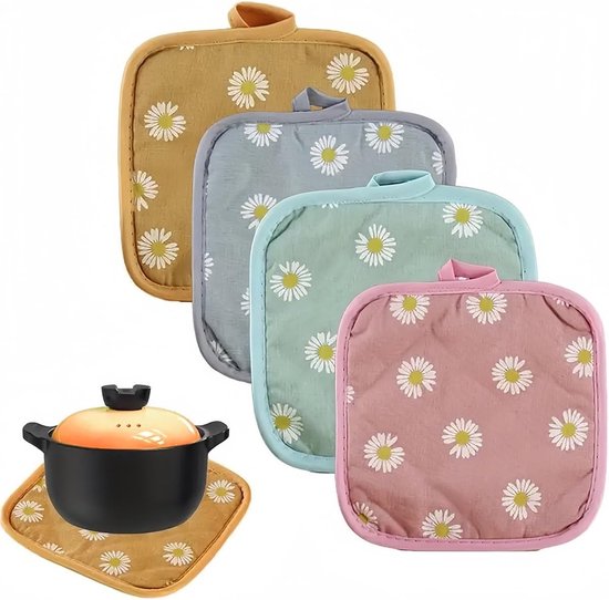 Allecto Plus – Hitzebeständige Topflappen, 4er-set – Küchenzubehör Für Backofen Und Töpfe – 17 X 17 Cm – Blumenmuster – Hitzeschutz