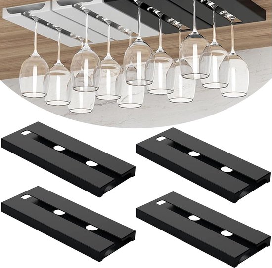 Hängende Weinglashalter – 4 Selbstklebende Unterbau-glashalter – Kein Bohren Erforderlich – Für Küche, Bar, Restaurant – Spülmaschinenfest