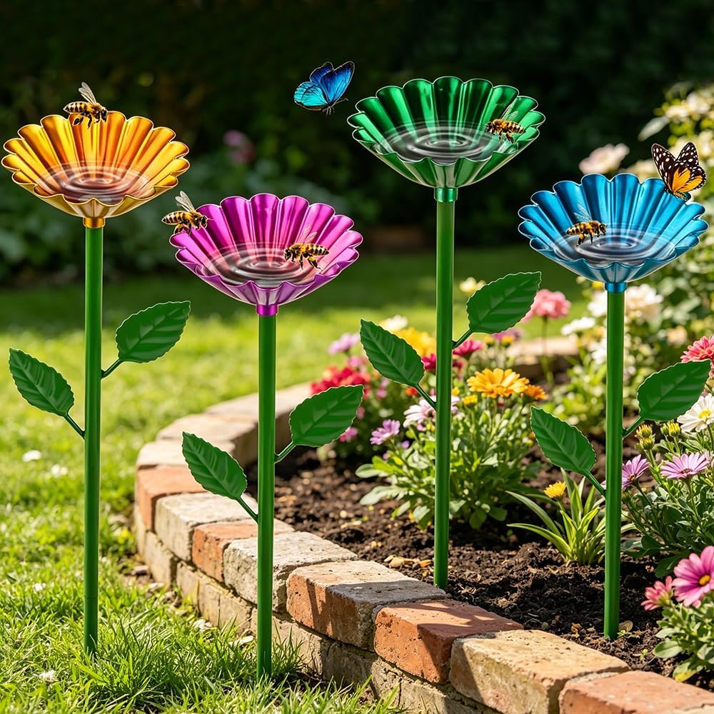 4 X Bee Drinkers For The Garden, Bee Watering Station, Metal Flower Water Bowl, Bird Bath, Bee Water Station, Bee Drinker For Thirsty Pollinators With Garden Stake, Outdoor Garden Yard Decor