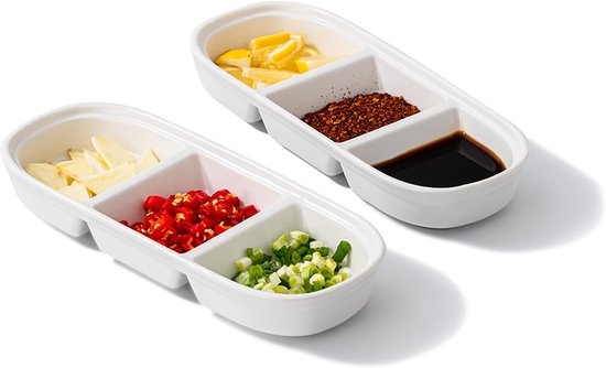 Set Aus 2 Keramikschüsseln Mit Passenden Saucenbehältern Aus Edelstahl Geeignet Für Sojasauce Tomatenketchup Salz Essig Zucker Und Verschiedene Weiß