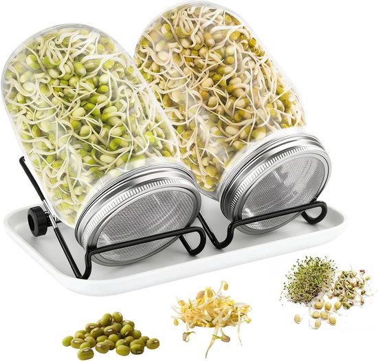 Keimglas-set 2-teilig Keimglas Mit 2 X 750 Ml Fassungsvermögen 1 Schale 2 Verstellbaren Halterungen Und 2 Edelstahldeckeln Ideal Für Alfalfa Und