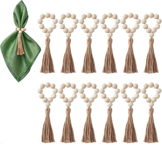 Handgefertigte Serviettenringe Mit Fransen 12er-set Inklusive Beutel Mit Tempelmond-motiv 16 Mm Holzperlen Ideal Für Partys Und Besondere Anlässe