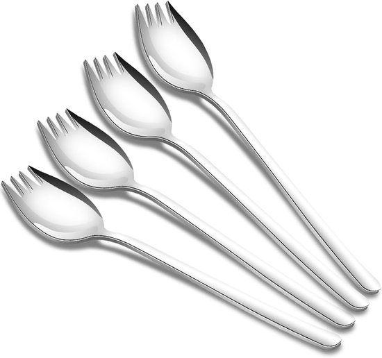 Edelstahl-sporks 18/10, 4er-set – Salatlöffel, Dessertlöffel, Reisnudelgabeln – Multifunktional Für Camping Und Zuhause – 19 Cm Lang