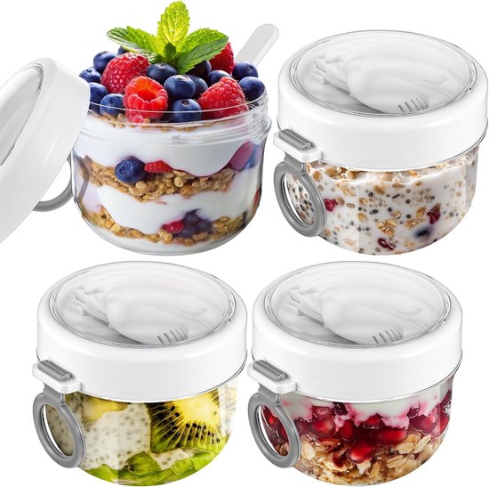 Set Mit 4 Gläsern Für Overnight Oats (inklusive Deckel Und Löffel), Große 20 Unzen Kunststoffgläser Für Overnight Oats, Verschließbare Joghurtglä