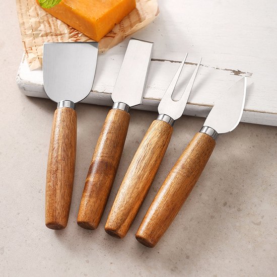 4 Teiliges Käsebesteck Set Aus Edelstahl Mit Holzgriffen: Ergonomischer Käseschneider Und Gabel Für Wurstplatten Und Den Hausgebrauch