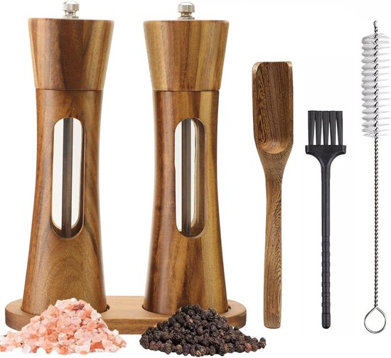 2er Pack Salz Und Pfeffermühlen Set Aus Holz 20 Cm, Nachfüllbar Mit Sichtfenster Keramikmahlwerk Mahlgrad Einstellbar