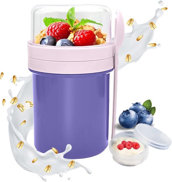 Müslibecher Zum Mitnehmen (250 + 450 Ml), Joghurtbecher Für Unterwegs, Overnight Oatmeal Becher Mit Löffel, Wiederverwendbare Müslischale, Salatb