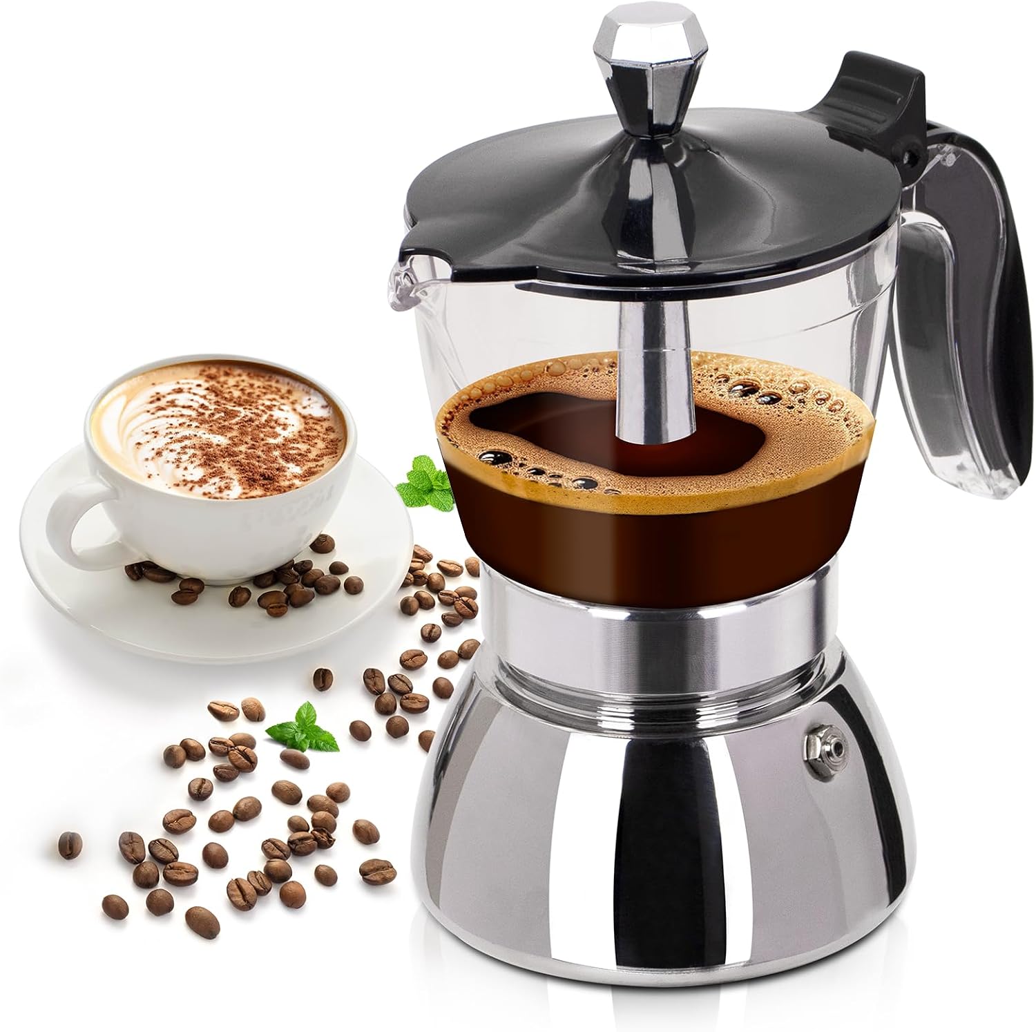 200 Ml Transparente Moka-kanne Aus Kunststoff Mit Edelstahlteilen – 4 Tassen, Klassische Italienische Espressokanne Für Den Herd, Geeignet Für Zuhause, Camping Und Reisen