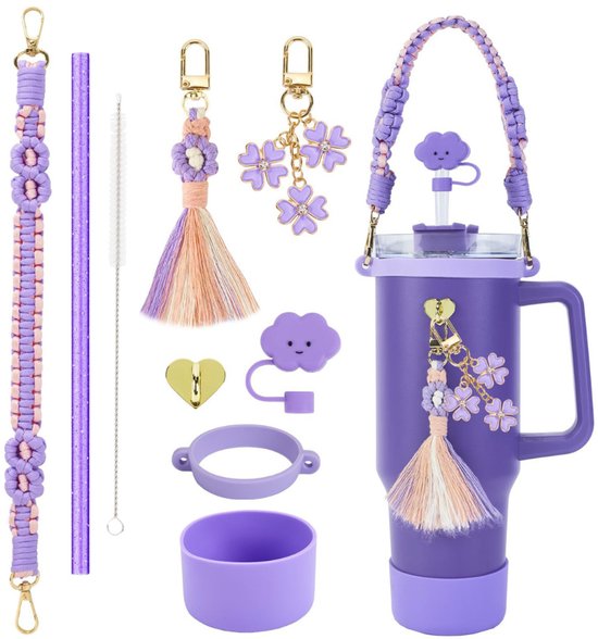 Für Stanley Wasserflaschen, Silikon Becherhüllen, Bunte Tragegurte, Blumenförmige Becherketten, Herzförmige Quastenanhänger Und Wolkenförmige Str