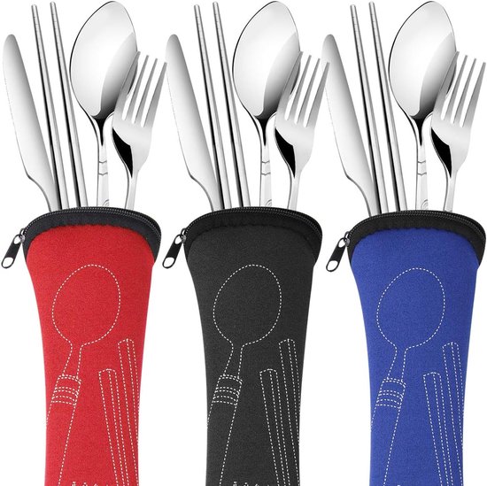 3er Pack 12 Teiliges Wiederverwendbares Edelstahl Besteckset Messer, Gabel, Löffel, Essstäbchen Tragbar Mit Etui Für Reisen Und Camping