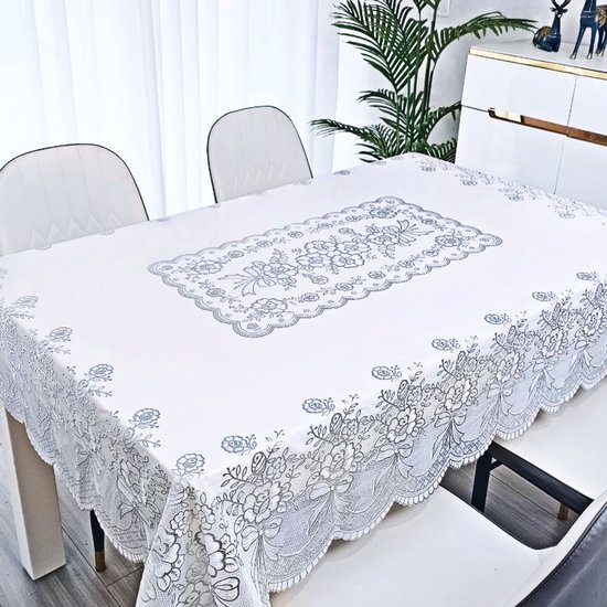 Rechteckige Pvc Tischdecke Mit Silberfarbenem Blumenmuster Wasserfest, Öl Und Hitzebeständig, Leicht Zu Reinigen, Für Esstisch, Couchtisch Und Pi