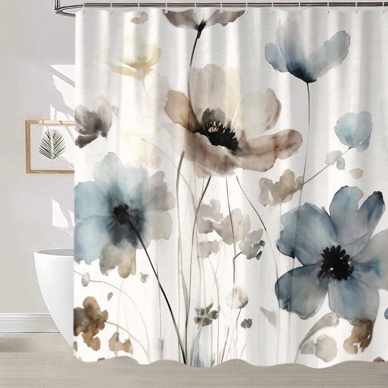 Schimmelresistenter Und Wasserdichter Duschvorhang – Blaues Blumenmuster – 180 X 180 Cm – Material: Polyester – Inkl. Duschvorhangringen