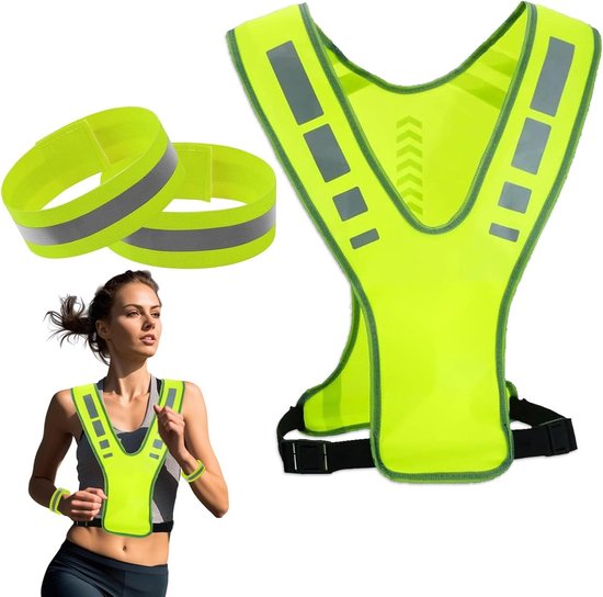 Reflektierende Sicherheitsweste Für Erwachsene Mit 2 Arm Und 2 Handgelenkbändern Unisex-reflexionskleidung Zum Laufen Fluoreszierendes Grün Zum