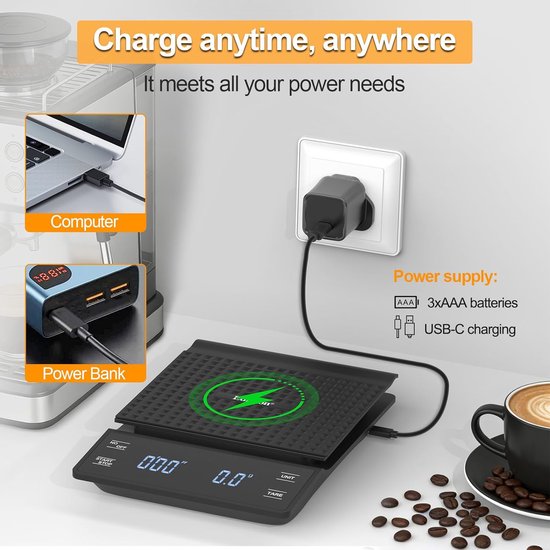 Thijox Digitale Kaffeewaage Mit Timer, 0,1 G/3 Kg, Hohe Präzision, Wasserdichte Elektronische Küchenwaage, Großes Led Display, Touch Taste, M