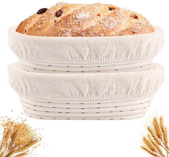 Dailygoods – Gärkörbe, 2 Stück – Oval – Mit Leinen Ausgekleidete Backkörbe – Brotbackzubehör – Ø 25 Cm – Naturrattan – Brotkorb
