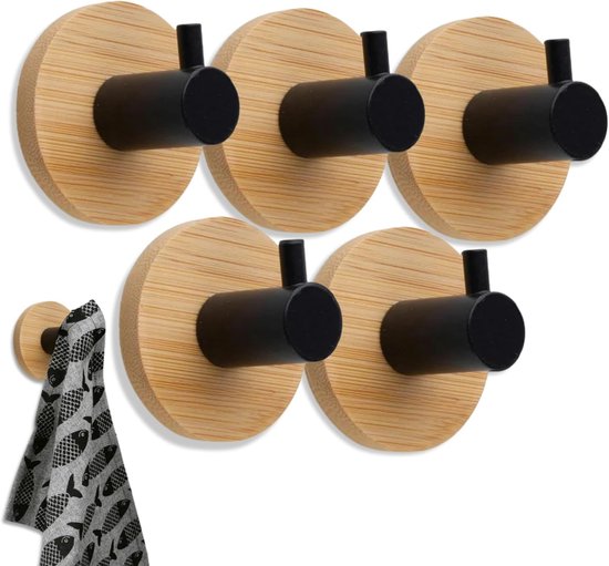 Selbstklebende Wandhaken – 5er-set Für Küche Und Bad – Handtuchhalter Ohne Bohren – Modernes Design Aus Holz Und Schwarzem Edelstahl