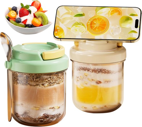 Overnight Oats Glas Deckel Für Gläser Mit Integriertem Löffel Und Handyhalterung Für Haferflocken, Marmelade, Müsli, Salate Und Pudding 430 Ml