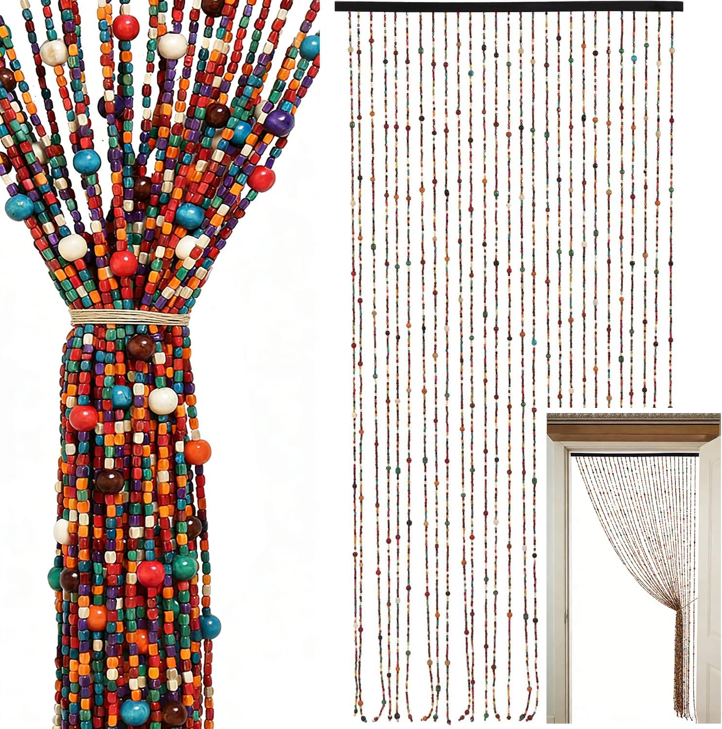 Bamboo Bead Curtain, 27 Strands Boho Bead Curtain, Hanging Bamboo Wooden Bead Curtain, Retro Handmade For Doors As Decoration And Insect Protection