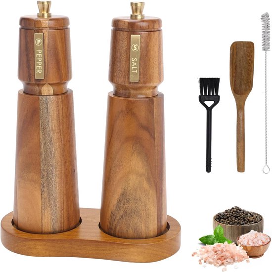 Salz Und Pfeffermühlen Set, Holz, 20 Cm, Mit Bürste Und Löffel, Manuell Verstellbar, Nachfüllbar, Keramikkern.