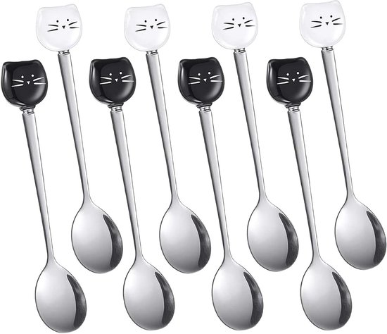 Kaffeelöffel – 8-teiliges Set – Edelstahl – Katzenkopf-design – Für Katzenliebhaber – Niedlicher Keramiklöffel – Eiscreme-karten – Küchenutensilien