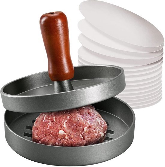 Hamburger Patty Form Und 100 Blatt Hamburger Patty Papier (11 Cm) Fleischstempel Aus Aluminiumlegierung Griff Aus Rosenholz Runde Hamburger Patty