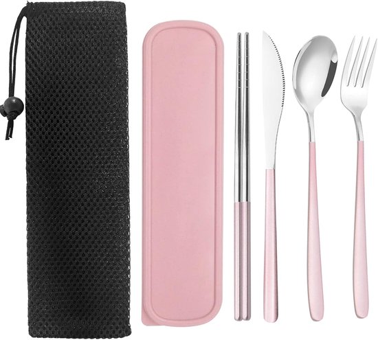 Edelstahl Besteckset Mit Etui Tragbares Reisebesteck Wiederverwendbare Gabel, Löffel, Messer Und Essstäbchen Für Büro, Schule, Reisen, Camping, P
