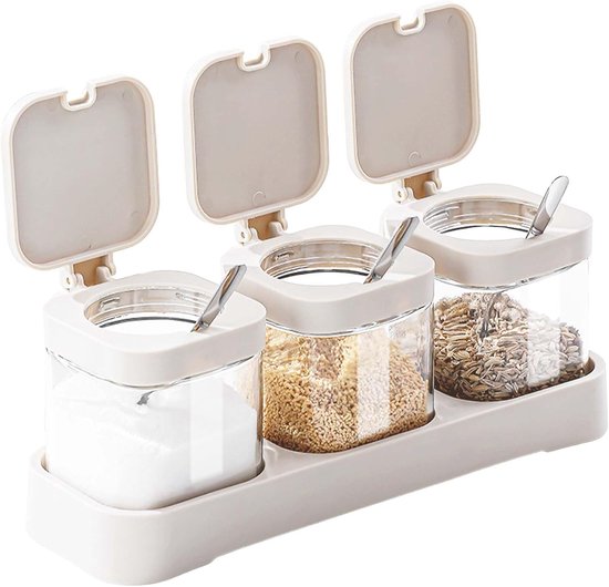 3 Gewürzgläser Mit Edelstahllöffel, Aufbewahrung Für Mehl, Zucker Und Salz, Quadratischer Gewürzbehälter Aus Glas Mit Deckel Und Boden, Aufbewahr