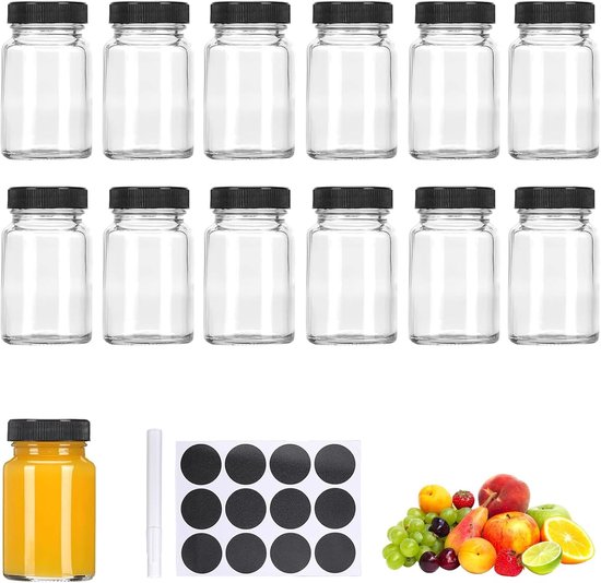 60 Ml Kunststoff Shotflaschen Zum Befüllen 13 Wiederverwendbare Kleine Glasfläschchen Mit Etiketten Für Saft Ingwer Gewürze Schwarz