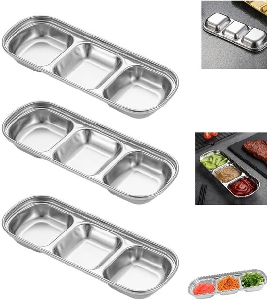 3 Teiliges Edelstahl Schalenset Für Sojasauce, Ketchup, Gewürze Und Sushi Dip Schalen Mit 3 Fächern