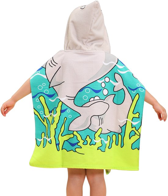 Kinderbadetuch Mit Kapuze Und Hai Motiv, 60 X 60 Cm, Saugfähig Und Schnelltrocknend, Kann Als Strandmantel/umhang/poncho Verwendet Werden.