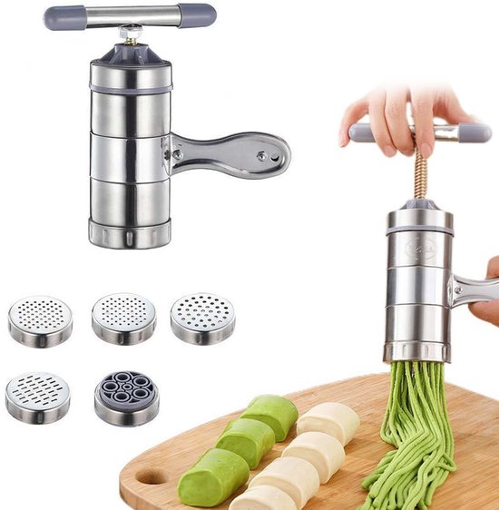Manuelle Nudelmaschine Edelstahl Tragbare Spaghettimaschine Mit 5 Nudelformen Frischnudelmaschine Für Zuhause Oder Restaurant 18 X 13,5 X 9 Cm