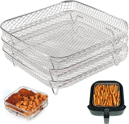 Quadratischer, Dreistufiger, Stapelbarer Airfryer-rost – Kochrost Aus Edelstahl 304 – Erweiterbares Fassungsvermögen – Gleichmäßige Hitzeverteilung
