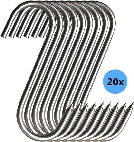Fleischhaken Aus Edelstahl – 20 Stück – S-förmig, Zur Wandmontage, Robust – Geeignet Für Küche, Räuchern, Trocknen Und Aufbewahren – 18 Cm