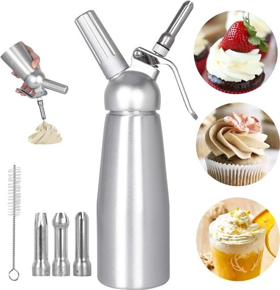500 Ml Sahnespender Aus Edelstahl Mit Sahnebehälter, Schneebesen, 3 Sprühdüsen Aus Edelstahl Und 1 Reinigungsbürste.