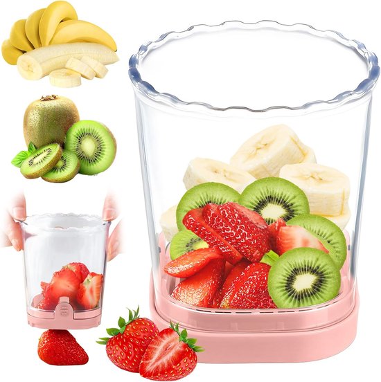 Obstschneider – Obstschneiderbecher – Abnehmbarer Obstschneider – Edelstahl-schneider – Erdbeerschneider – Für Salate, Fruchtsnacks, Babybrei – Rosa