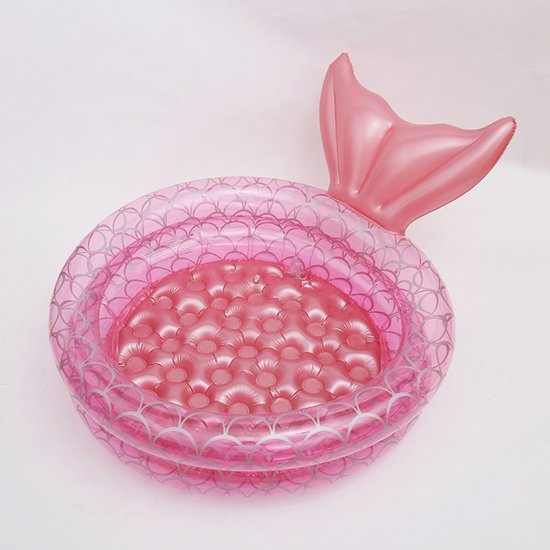 Aufblasbares Meerjungfrauen-kinderbecken 90 Cm Mit Aufblasbarer Fischschwanzflosse Und Silbernem Schuppenmuster Transparentes Rosa Für Drinnen