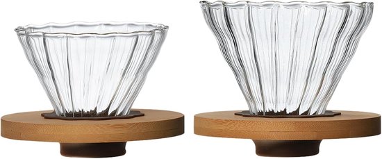 Set Aus 2 Glas-kaffeefiltern Zum Aufbrühen 1 Großer 1 Kleiner Mit Geripptem Muster Und Bambusboden Hitzebeständiges Glas Für 1-2 Und 1-4 Tassen