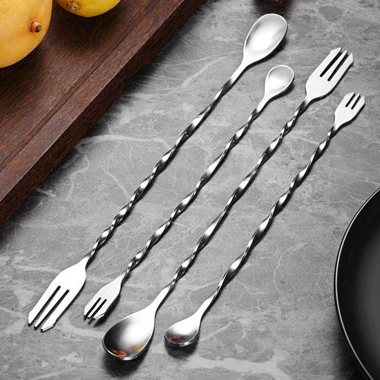 Set Mit 4 Edelstahl-rührstäbchen Und -gabeln (2 X 26 Cm, 2 X 32 Cm), Lange, Gedrehte Rührstäbchen Für Cocktails, Kaffee, Milchshakes Und Den Einsatz An Der Bar