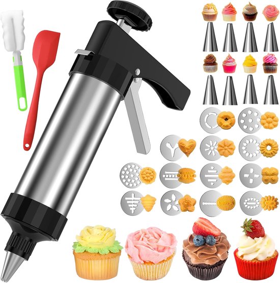 Kekspresse-set – Edelstahl Mit 13 Formen Und 8 Spritztüllen – Für Spritzgebäck Und Verzierte Kekse – Alles-in-einem-backset