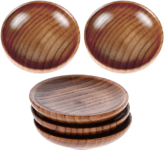 Set Aus 5 Runden Holzschalen Mit 7,5 Cm Durchmesser Für Sojasauce Und Gewürze, Vielseitige Saucenschalen Für Sushi, Die Heimische Küche Und Catering, Natürliche Und Schlichte Schalen.