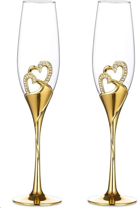 Set Mit 2 Herzförmigen Champagnergläsern Kreative Gläser Mit Goldgitter Für Hochzeiten, Verlobungen Und Jubiläen