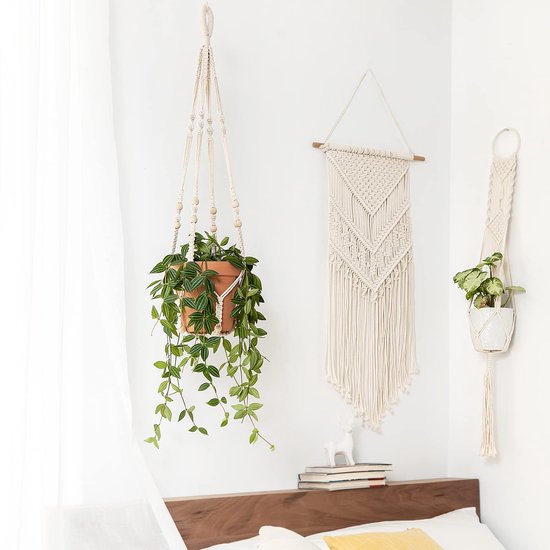 Spitzen Pflanzenampel, Hängender Blumenkorb Für Drinnen Mit Holzperlenverzierung, Blumentopfhalter, Boho Dekoration Für Drinnen Und Draußen, 89 C