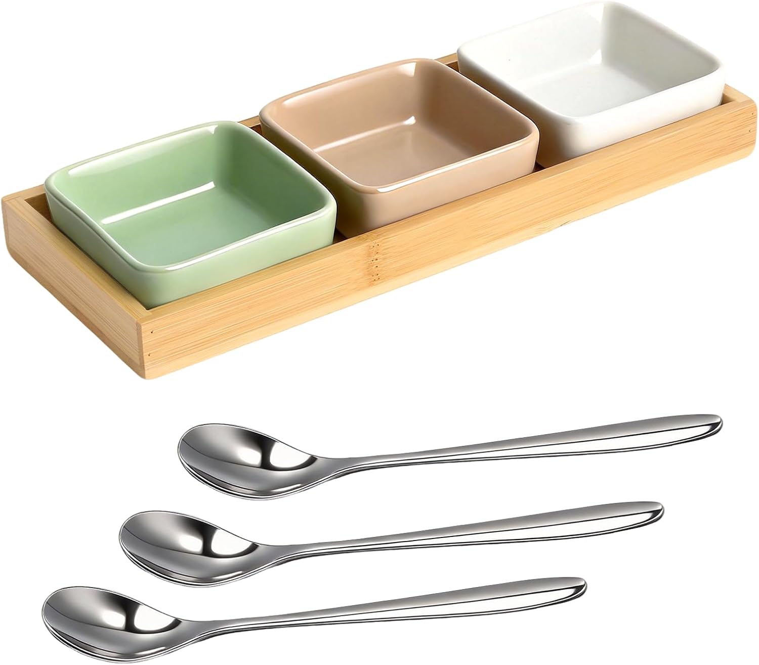 Keramik-dipschalen-set Mit Holztablett – 3 Matte, Pastellfarbene Schalen Mit Kleinen Löffeln, Für Tapas, Sushi, Bbq-saucen, Vorspeisenplatten Und Snackteller