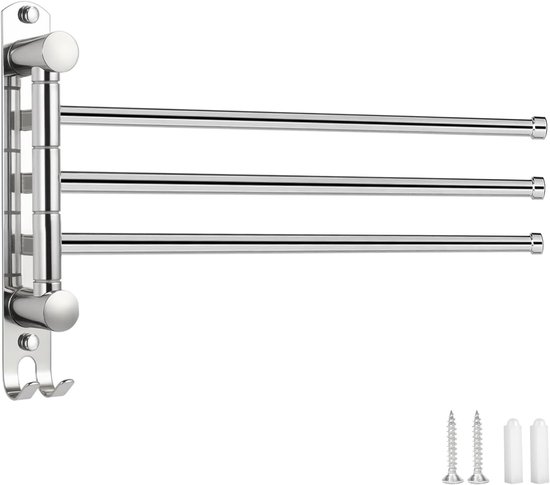 Handtuchhalter Fürs Badezimmer – Mit 3 Stangen – Platzsparend – 180° Drehbar – 30 X 20 Cm – Silber