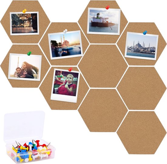 Kork-pinnwand 10 Stück Selbstklebende Sechseckige Korkplatten Diy-wanddekoration Mit 50 Bunten Reißzwecken Kork-pinnwände Memoboard Korktafel Für