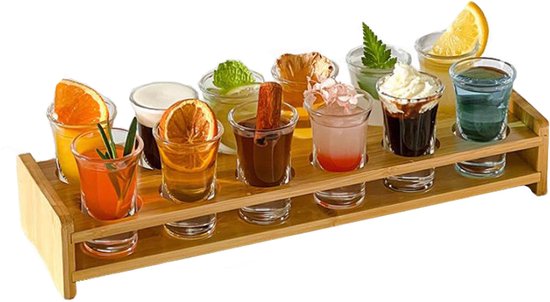 13 Teiliges Weinglas Set Mit Ständer Kleine, Transparente Weingläser Und Bambustablett 30 Ml Für Liköre, Espresso, Spirituosen Etc. Gelb