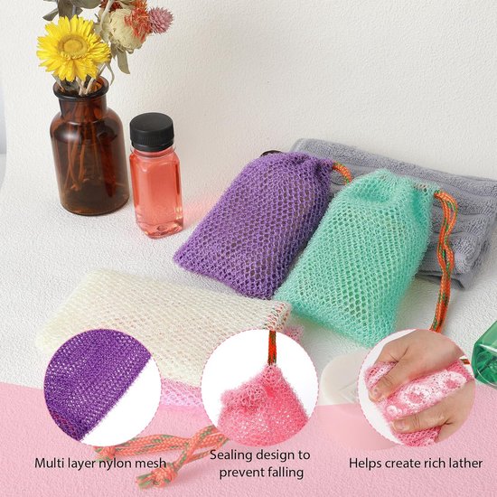 4 Teilig Seifenbeutel Extra Schaum Mit Kordelzug Nylon Für Zuhause & Unterwegs Für Shampoo , Conditioner Und Duschseife