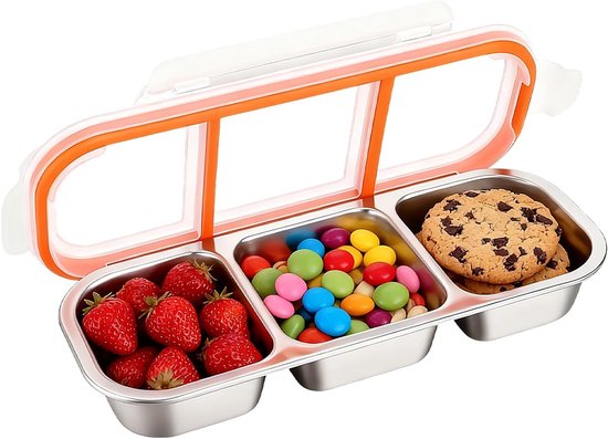 Snackbox Mit 3 Fächern, Snackschale Mit Deckel, Edelstahl Snacktablett Für Süßigkeiten, Nüsse Und Gemüse