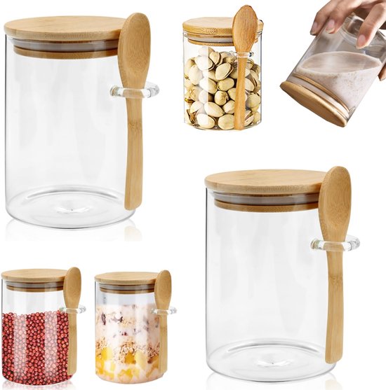 Glasbehälter Verschlossene Teedose Vorratsglas Joghurtgläser Runde Gewürzgläser Mit Löffeln Zur Aufbewahrung Von Joghurt, Bohnen, Gewürzen, Mehl,